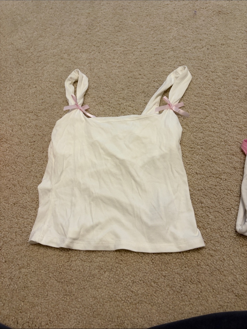 Edikted Cream Ribbed Camisole with Pink Bow Straps